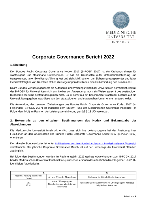 Bundeskodex Bericht 2022 Medizinische Universität Innsbruck
