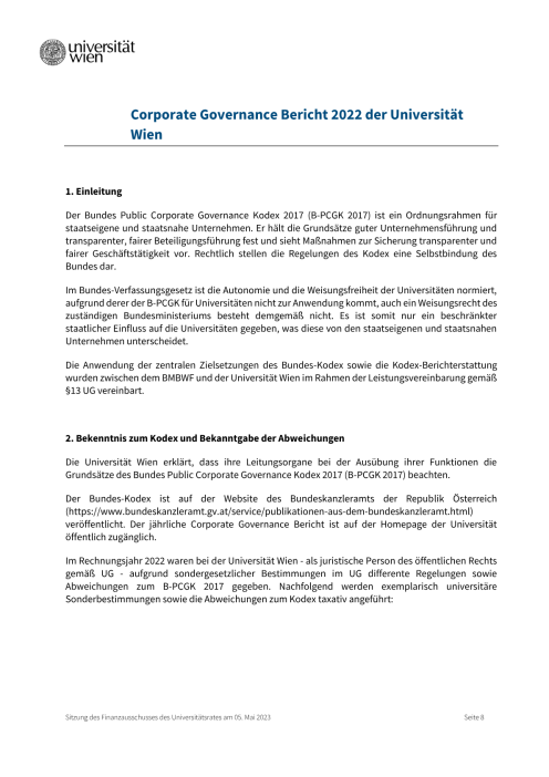 Bundeskodex Bericht 2022 Universität Wien