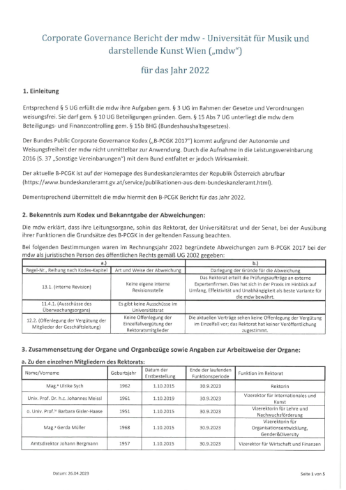 Bundeskodex Bericht 2022 Universität für Musik und darstellende Kunst Wien