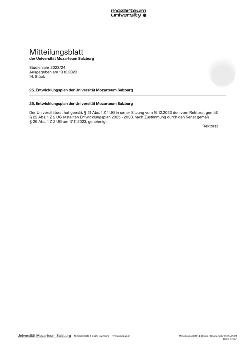 Entwicklungsplan Universität Mozarteum Salzburg 2025 2030